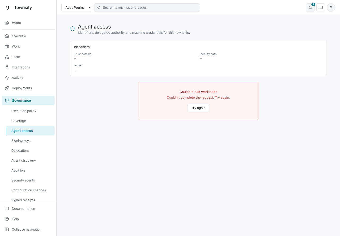 Agent access in the Townsify console, shown with illustrative data