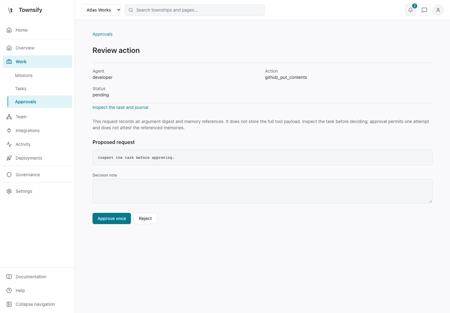 Review request in the Townsify console, shown with illustrative data
