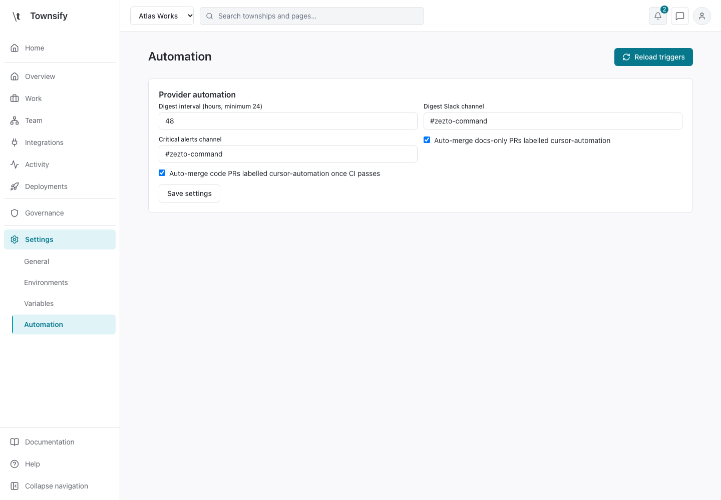 Automation in the Townsify console, shown with illustrative data