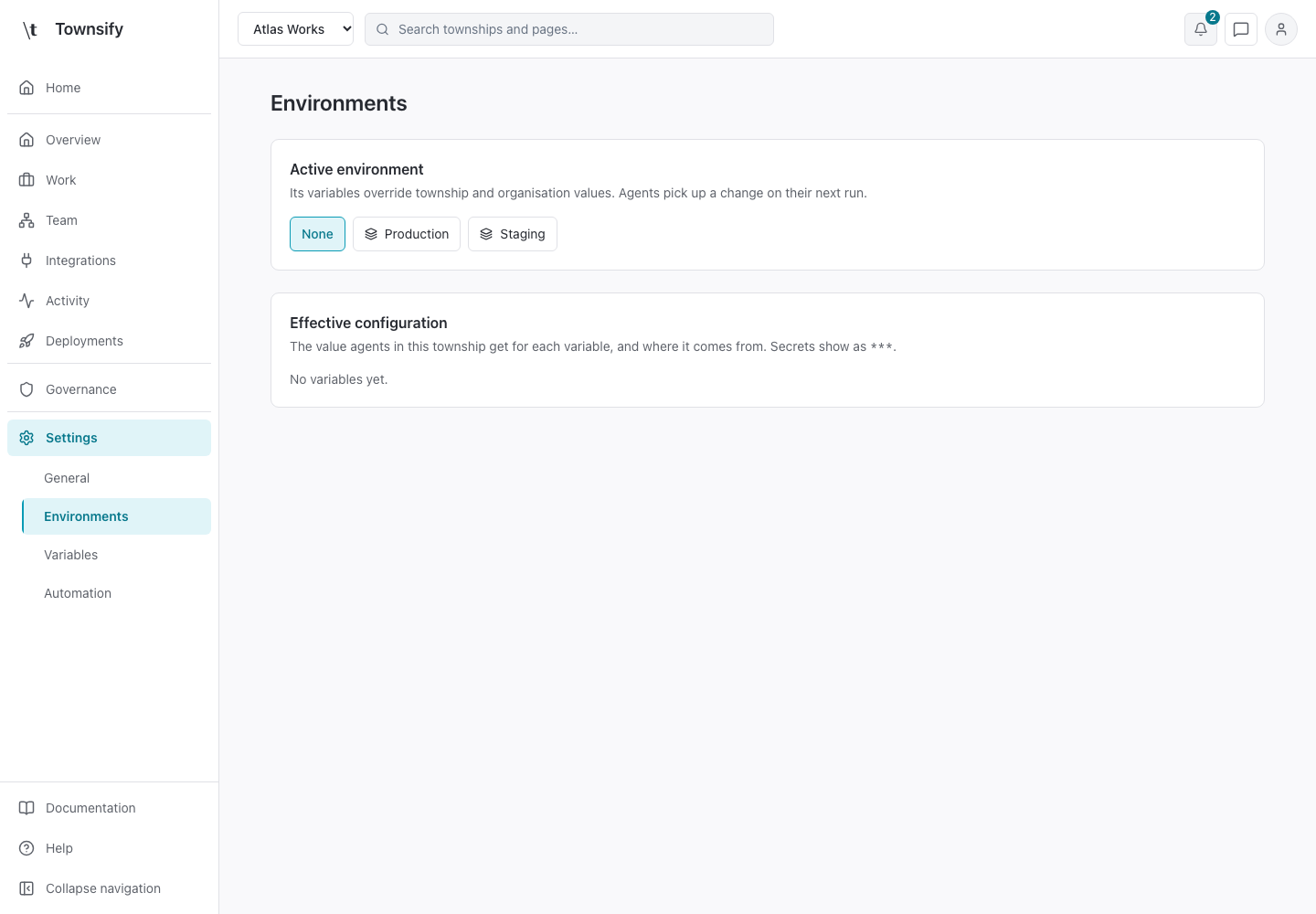 Environments in the Townsify console, shown with illustrative data