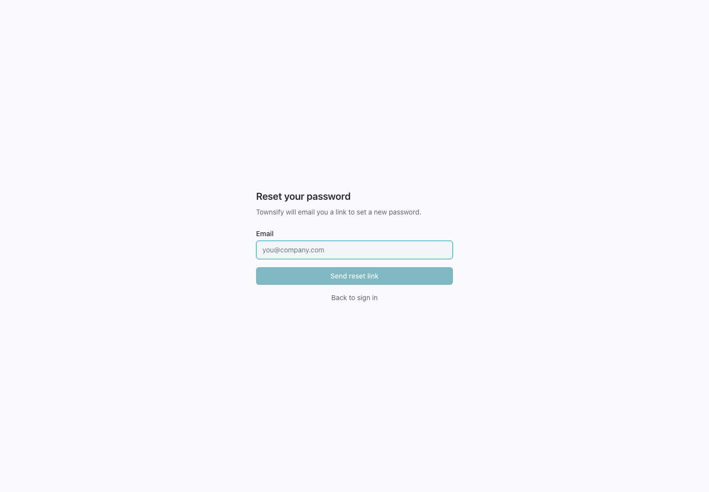 Request a password reset in the Townsify console, shown with illustrative data