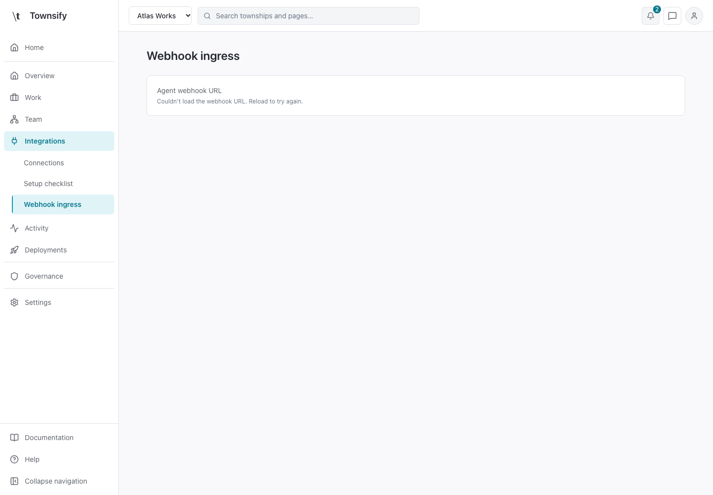 Webhook ingress in the Townsify console, shown with illustrative data