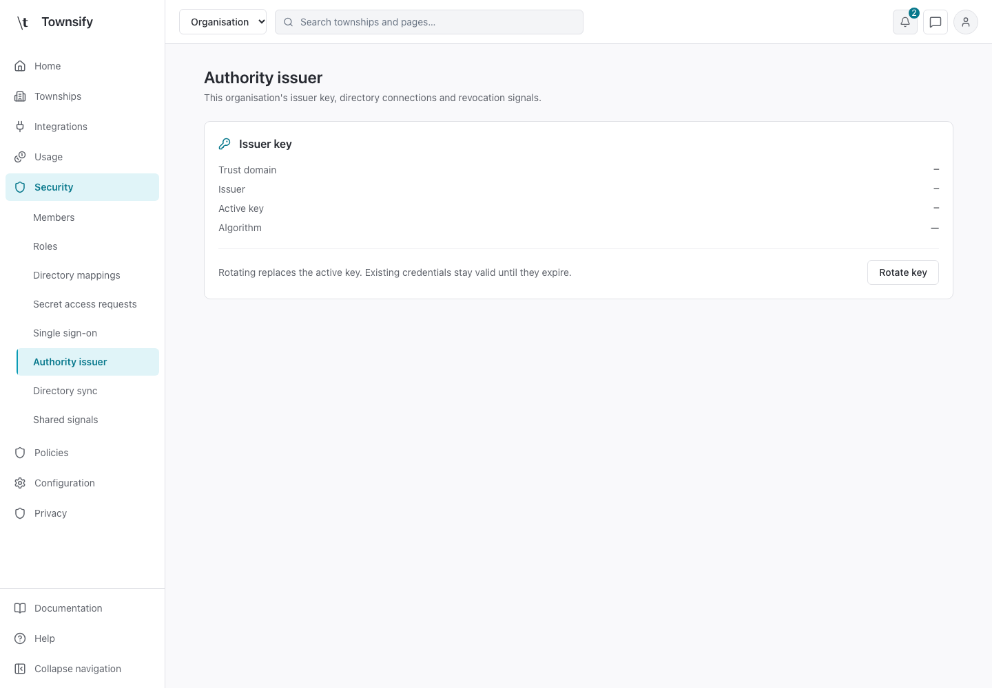 Authority issuer in the Townsify console, shown with illustrative data