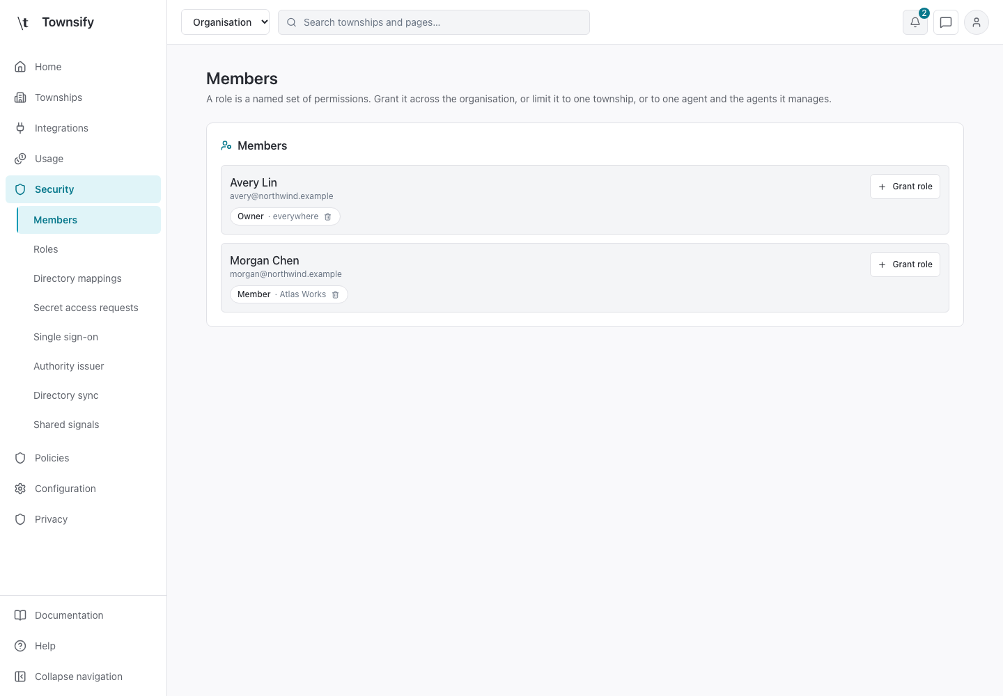 Members in the Townsify console, shown with illustrative data