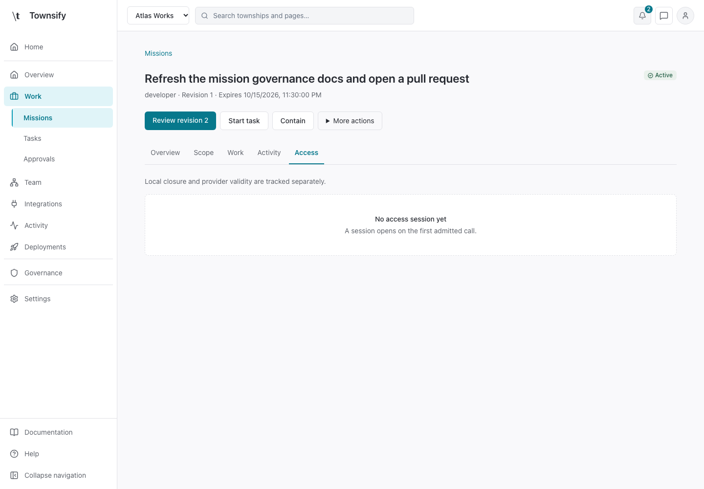 Access in the Townsify console, shown with illustrative data