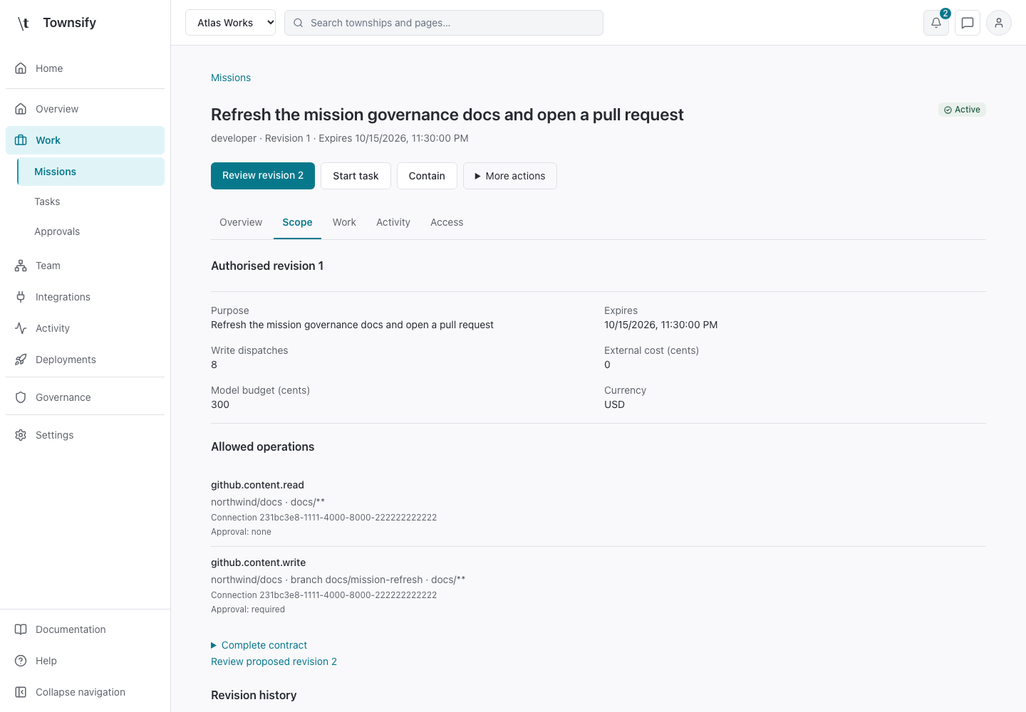 Scope in the Townsify console, shown with illustrative data