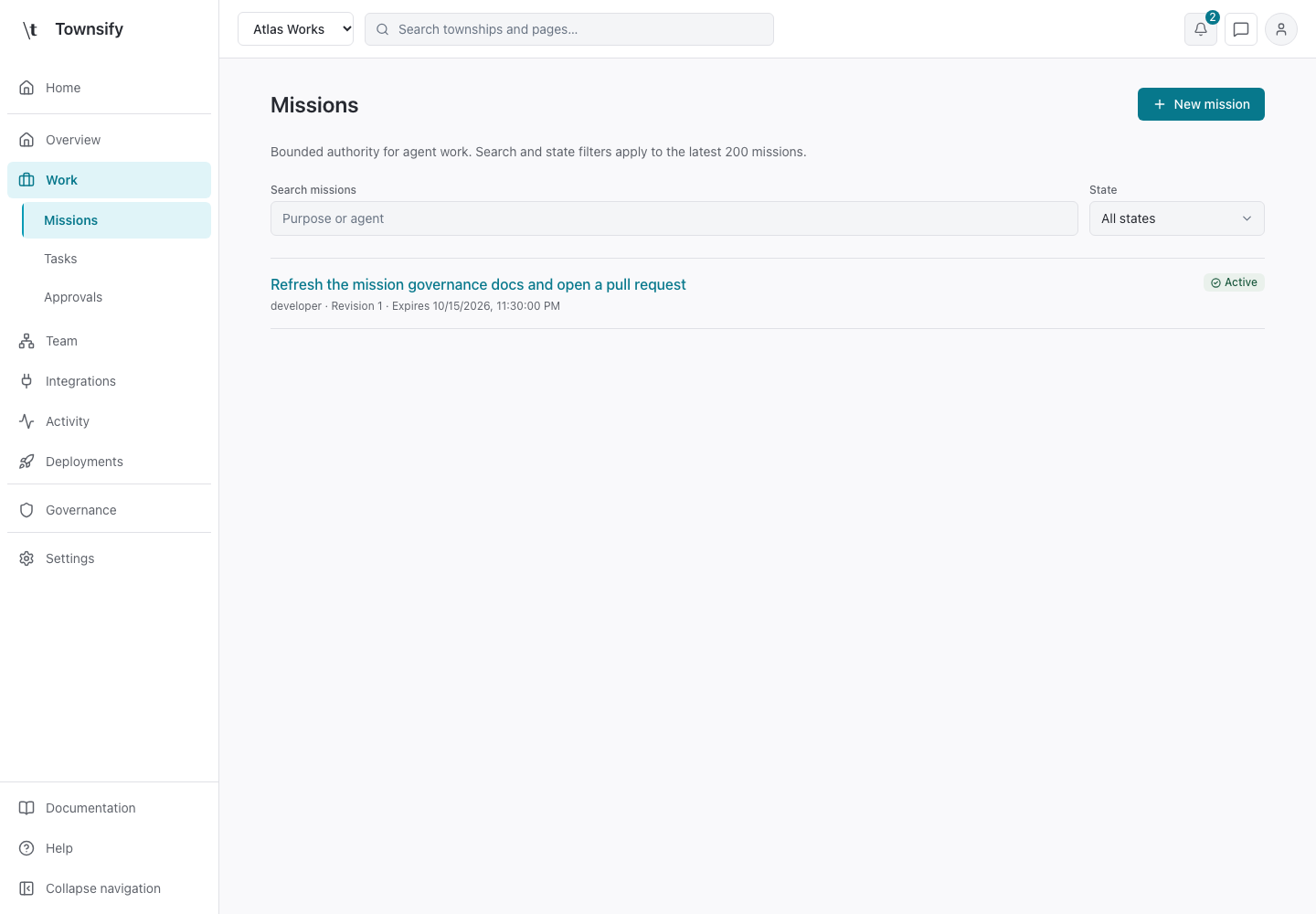 Missions in the Townsify console, shown with illustrative data