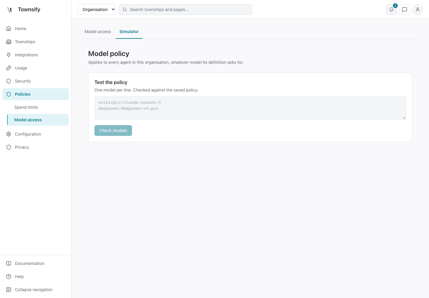 Model policy simulator in the Townsify console, shown with illustrative data