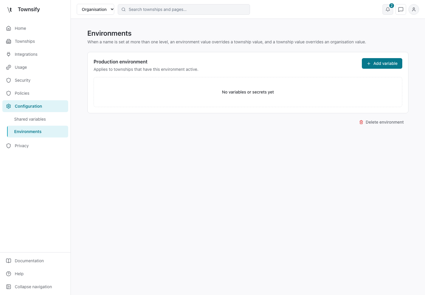 Environment in the Townsify console, shown with illustrative data