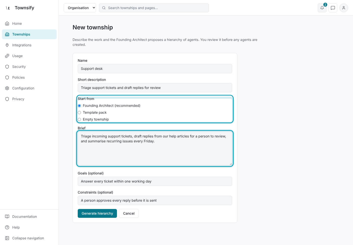 Step 3: Founding Architect selected, with the brief written. Townsify console with illustrative data