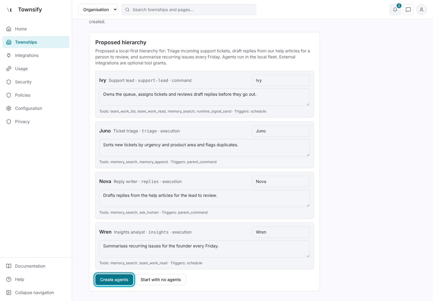 Step 4: The proposed hierarchy, with Create agents outlined. Townsify console with illustrative data