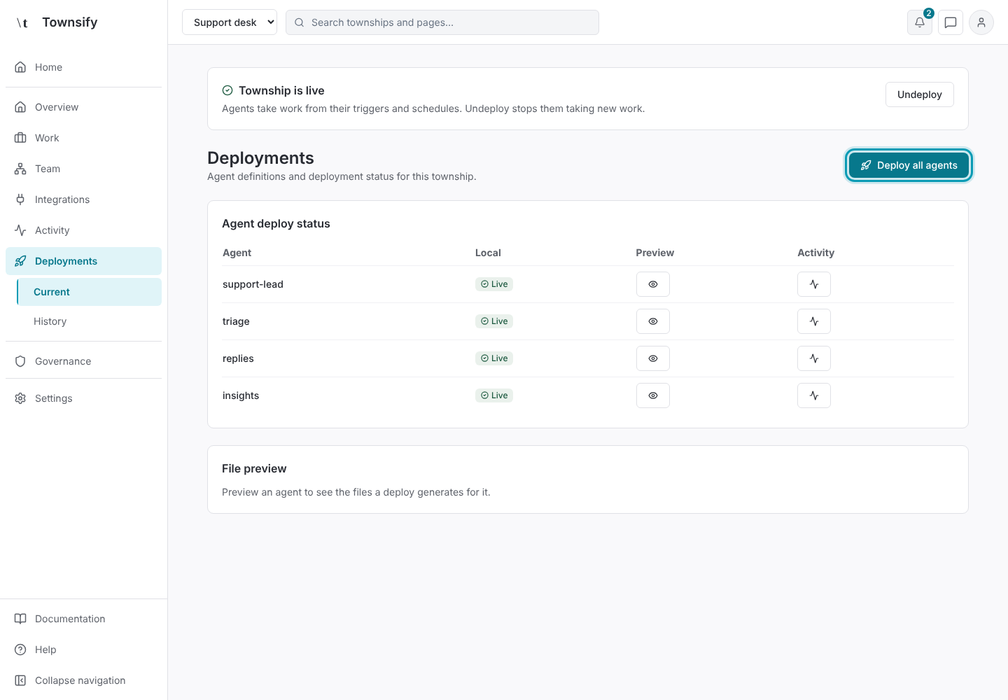 Step 6: Deployments, with Deploy all agents outlined. Townsify console with illustrative data