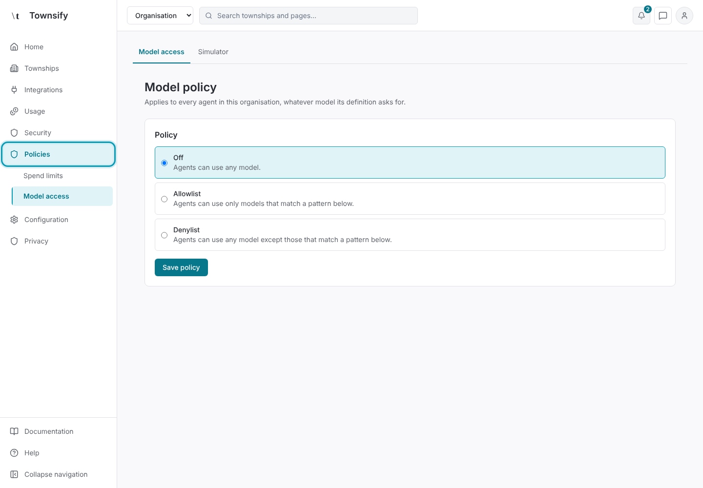 Step 7: The organisation's model access policy. Townsify console with illustrative data