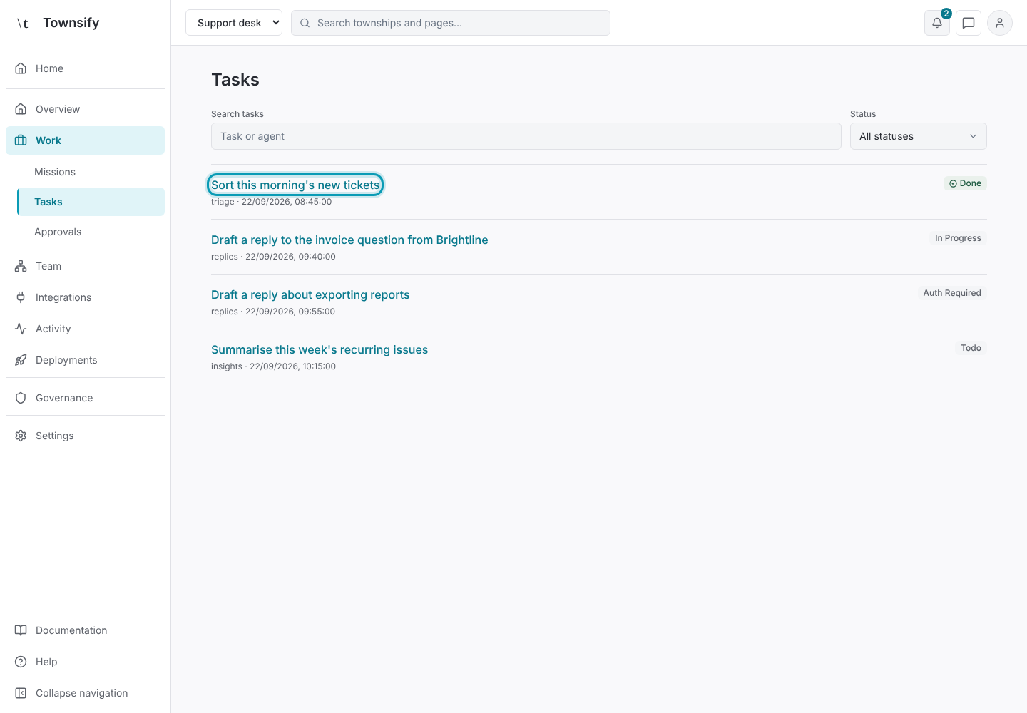Step 8: Tasks, with a finished task outlined. Townsify console with illustrative data