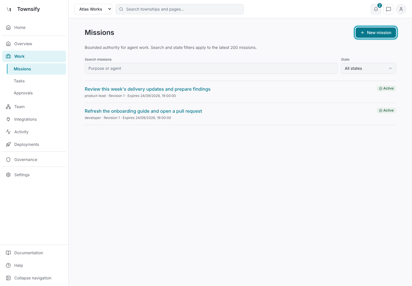 Step 1: Missions, with New mission outlined. Townsify console with illustrative data