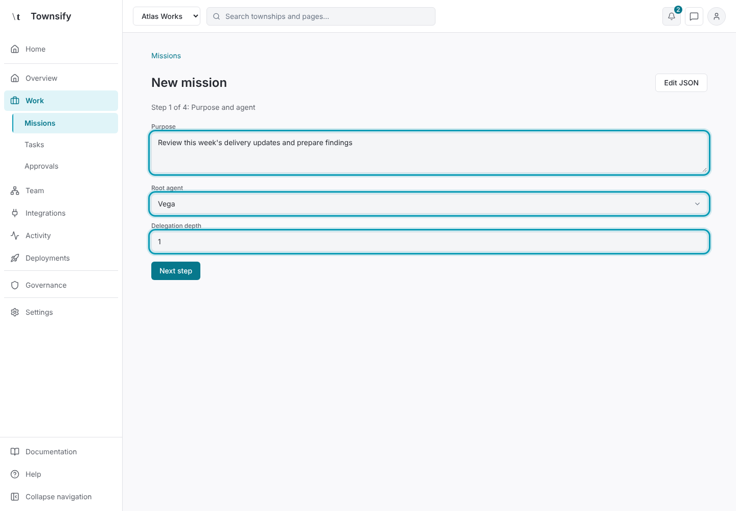Step 2: Purpose, root agent and delegation depth. Townsify console with illustrative data