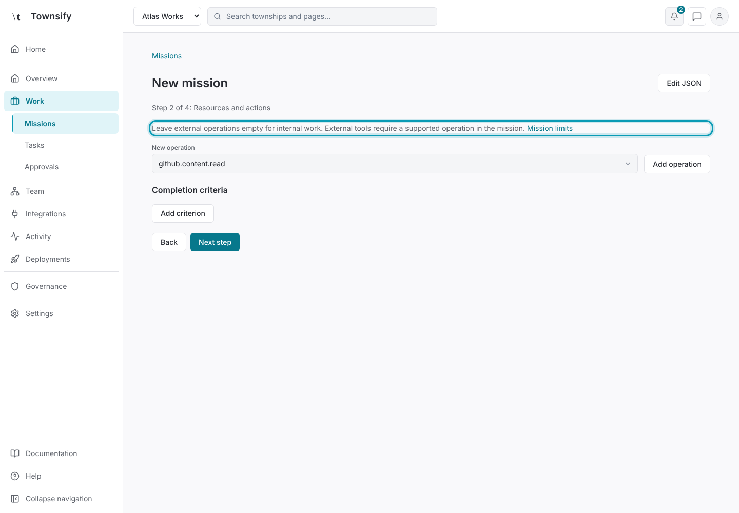 Step 3: The note on leaving external operations empty. Townsify console with illustrative data