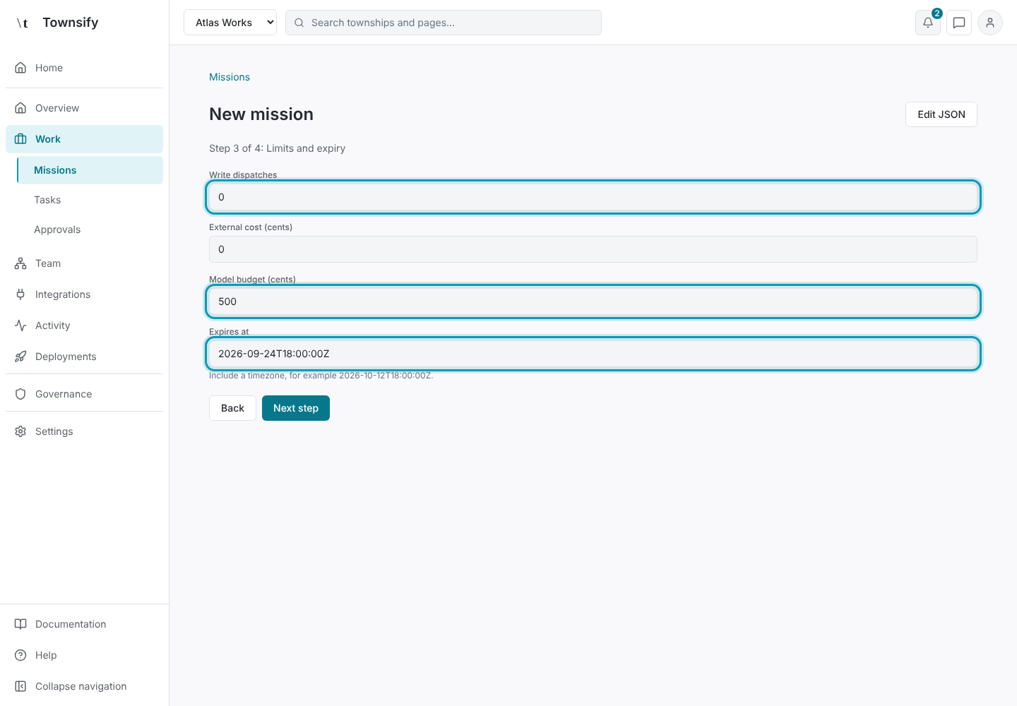 Step 4: Write dispatches, model budget and expiry. Townsify console with illustrative data