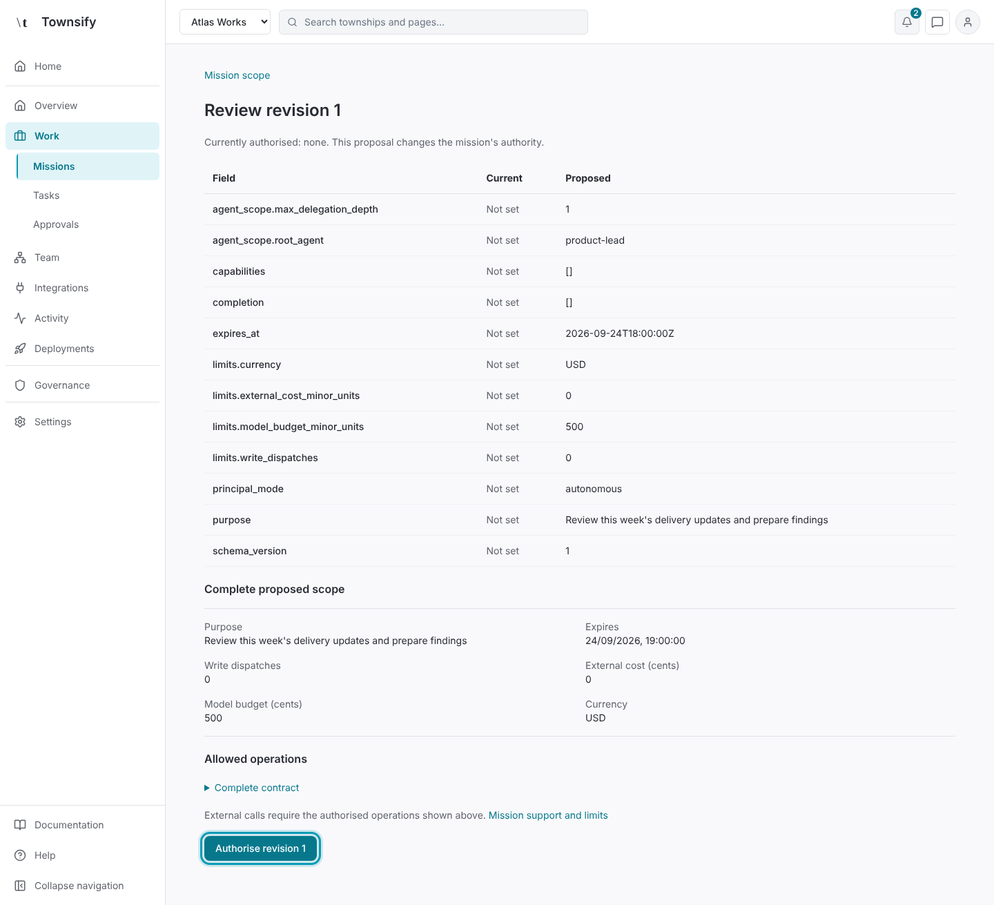 Step 5: The first revision's review, with Authorise revision 1 outlined. Townsify console with illustrative data