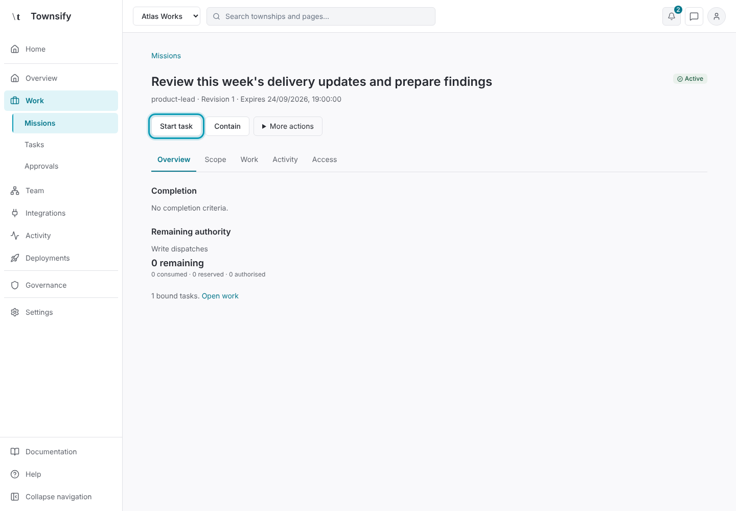 Step 6: The authorised mission, with Start task outlined. Townsify console with illustrative data