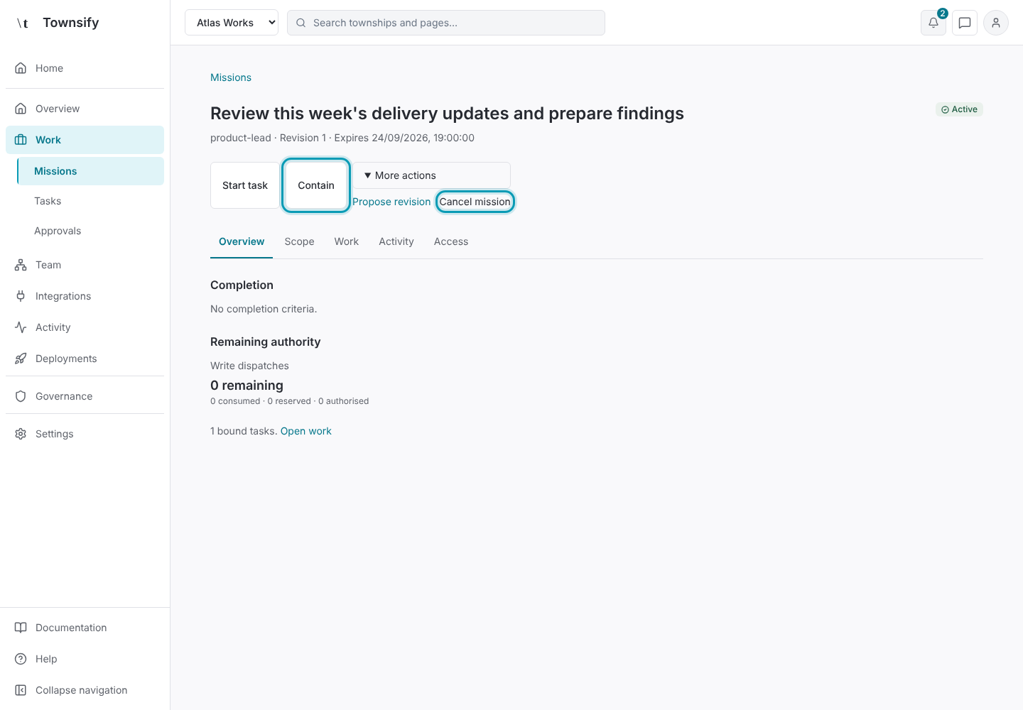 Step 7: Contain and Cancel mission outlined. Townsify console with illustrative data