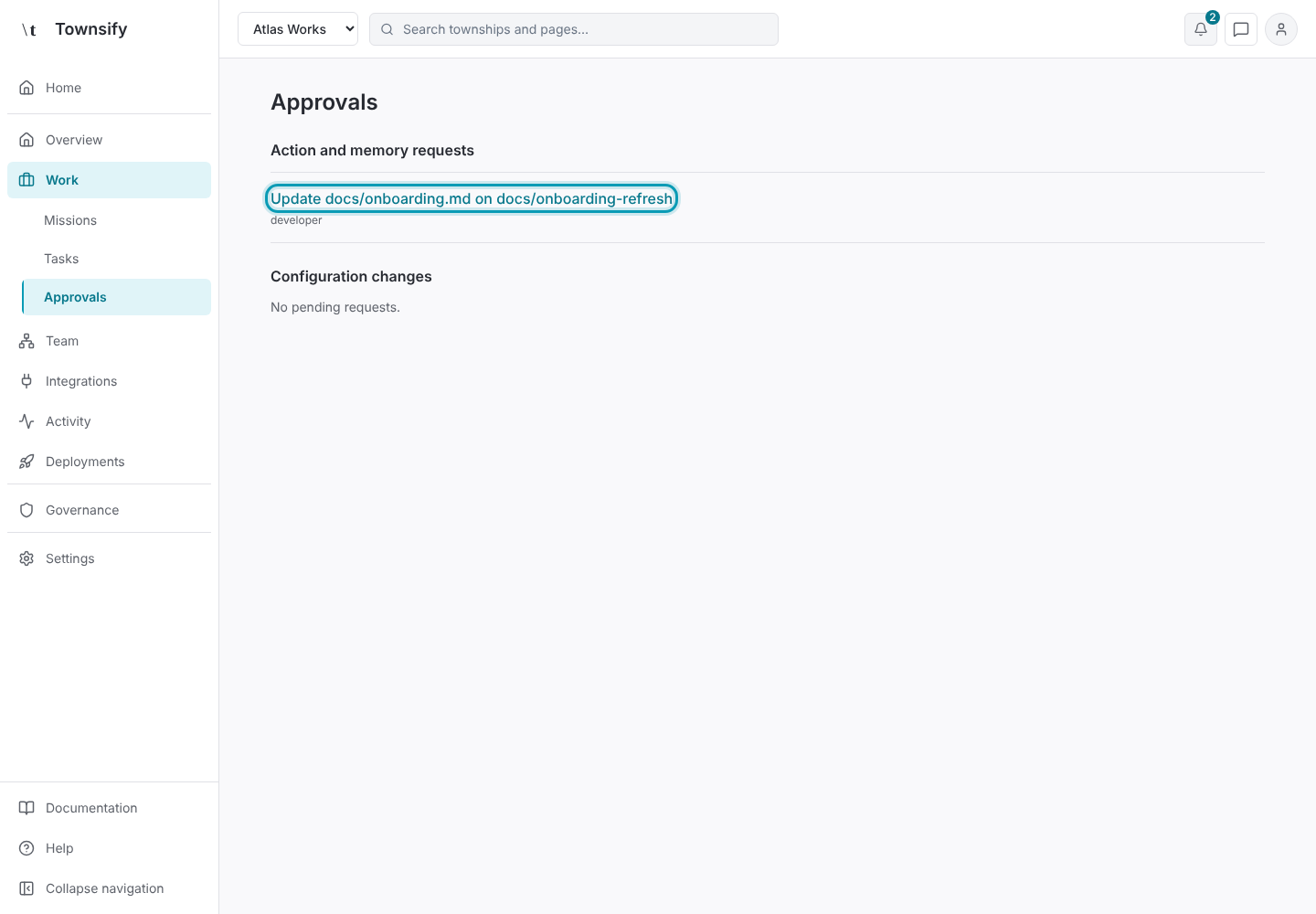 Step 1: Approvals, with the pending request outlined. Townsify console with illustrative data