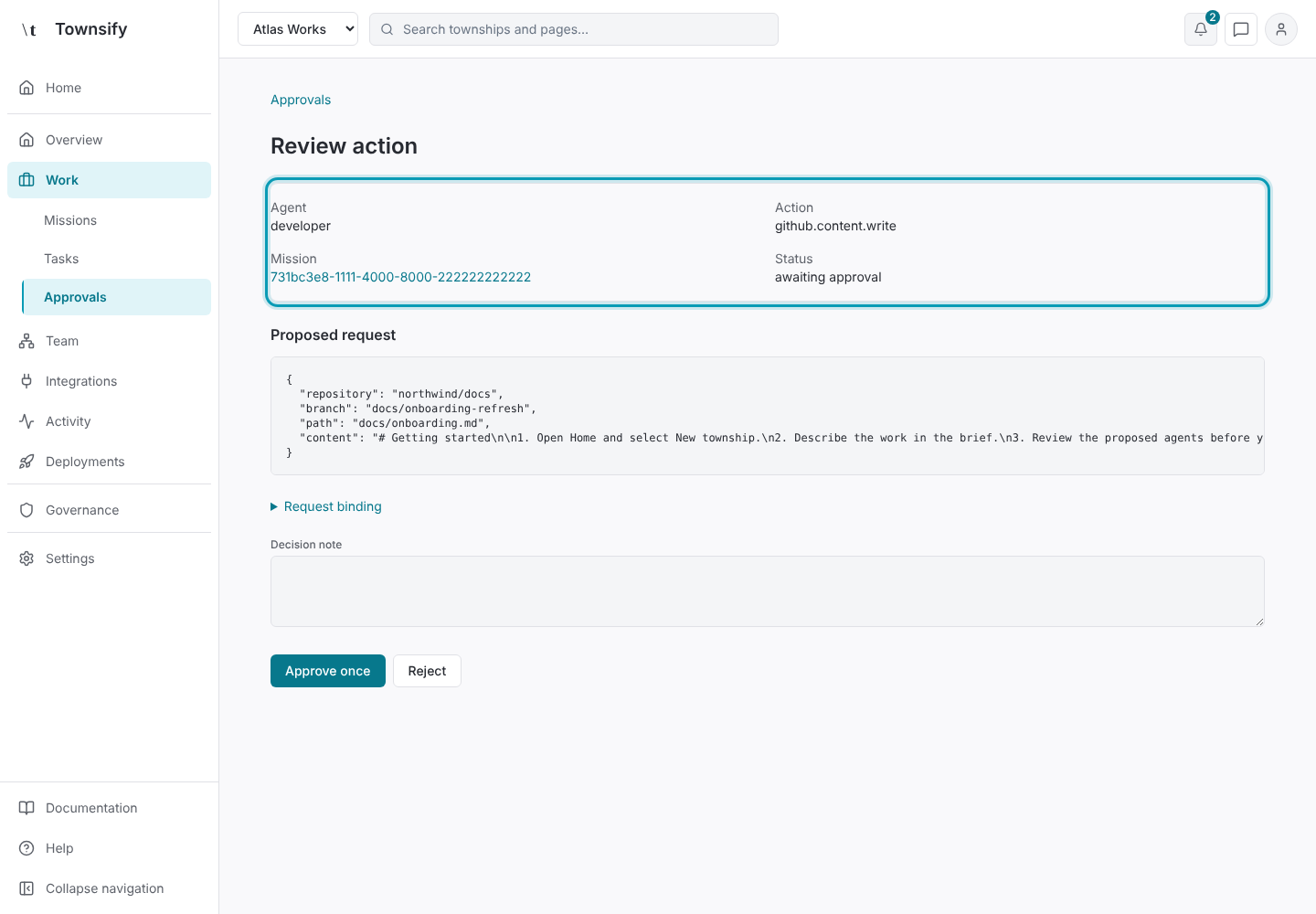 Step 2: The requesting agent, action, mission and status. Townsify console with illustrative data