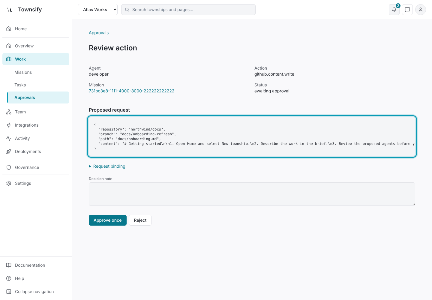 Step 3: The proposed request in full. Townsify console with illustrative data