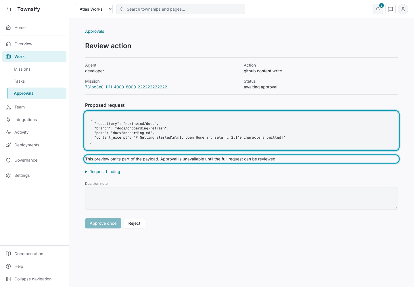 Step 4: An excerpted request, which can't be approved. Townsify console with illustrative data