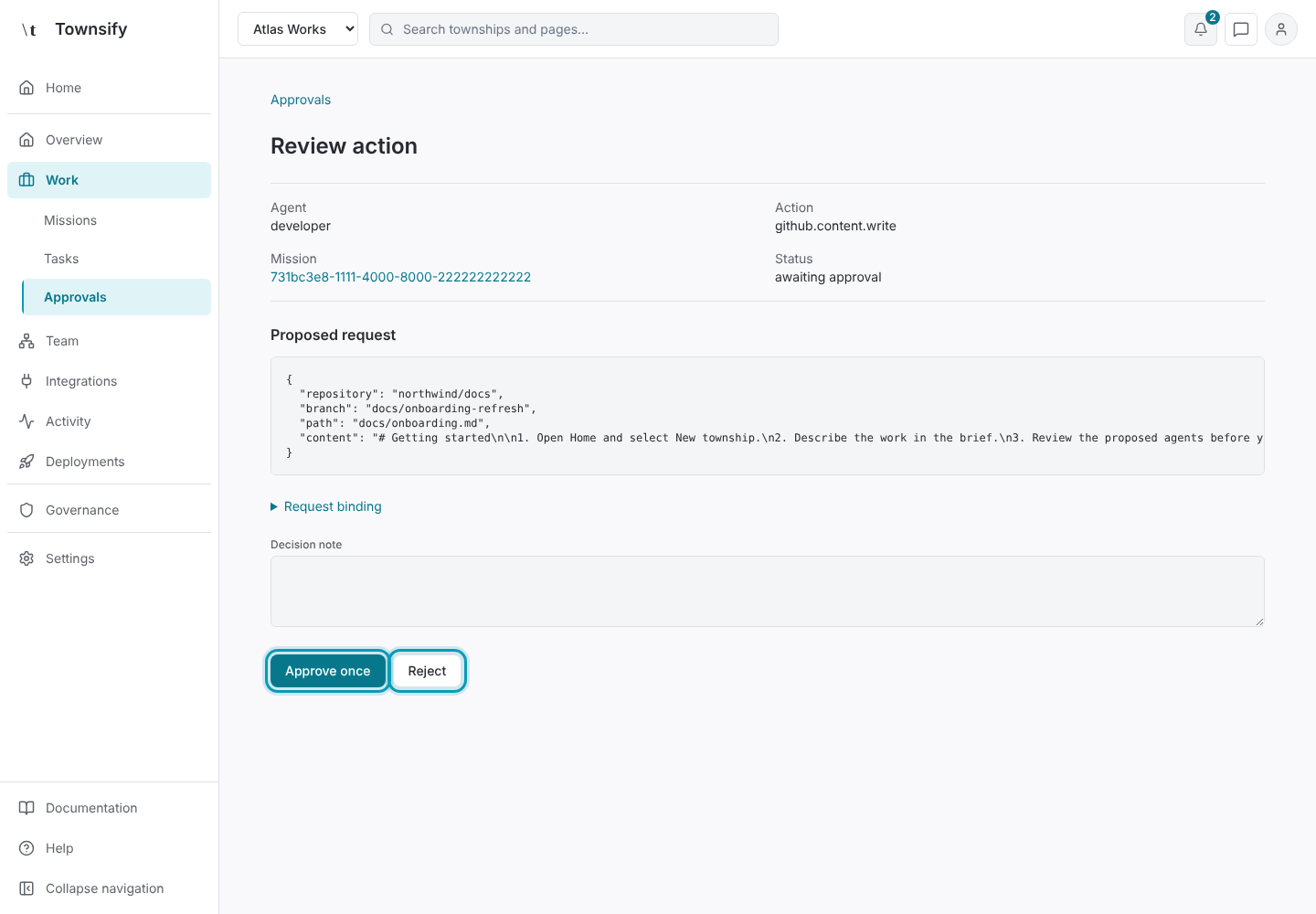 Step 5: Approve once and Reject outlined. Townsify console with illustrative data