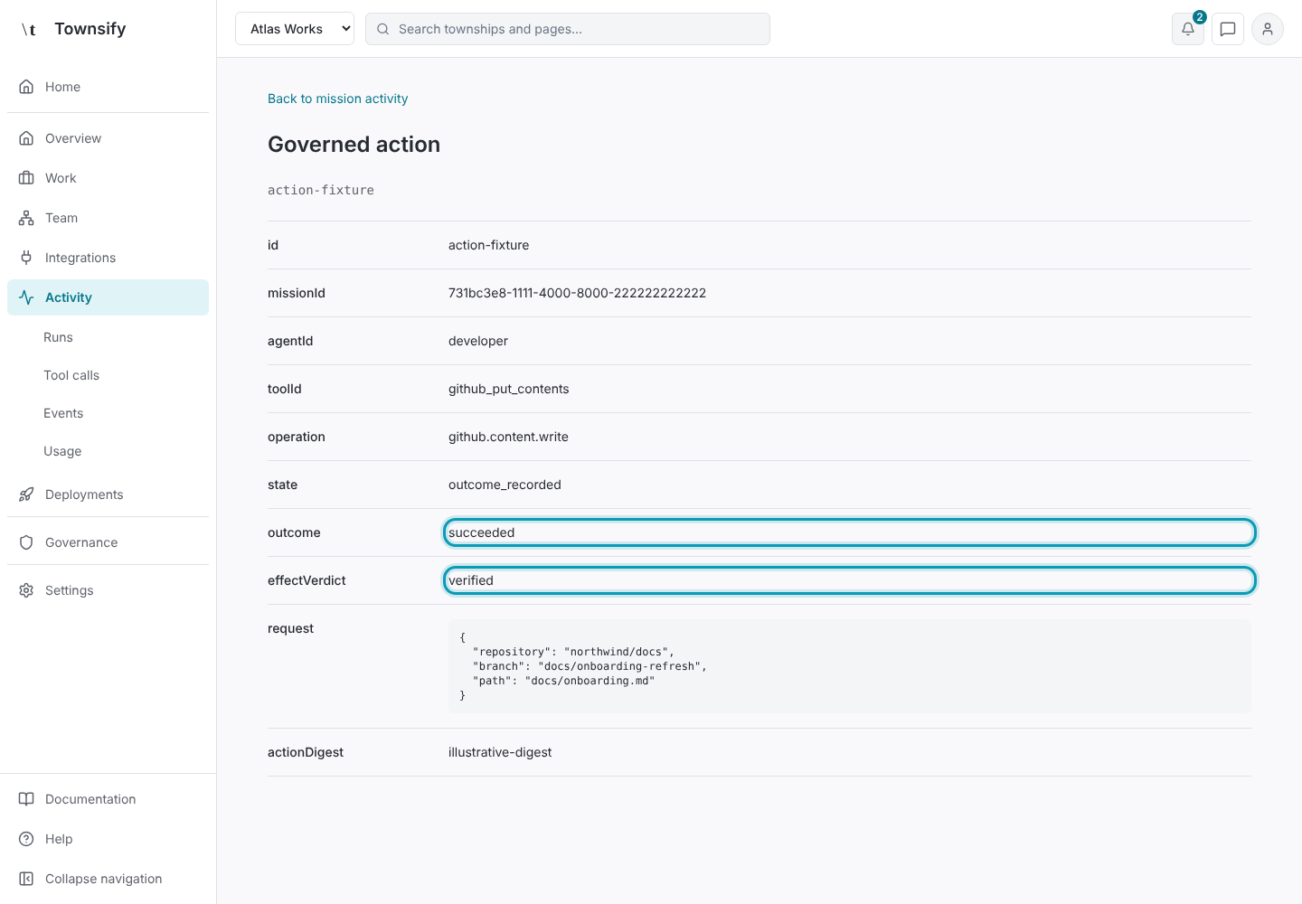 Step 6: The action's provider outcome and effect verdict. Townsify console with illustrative data