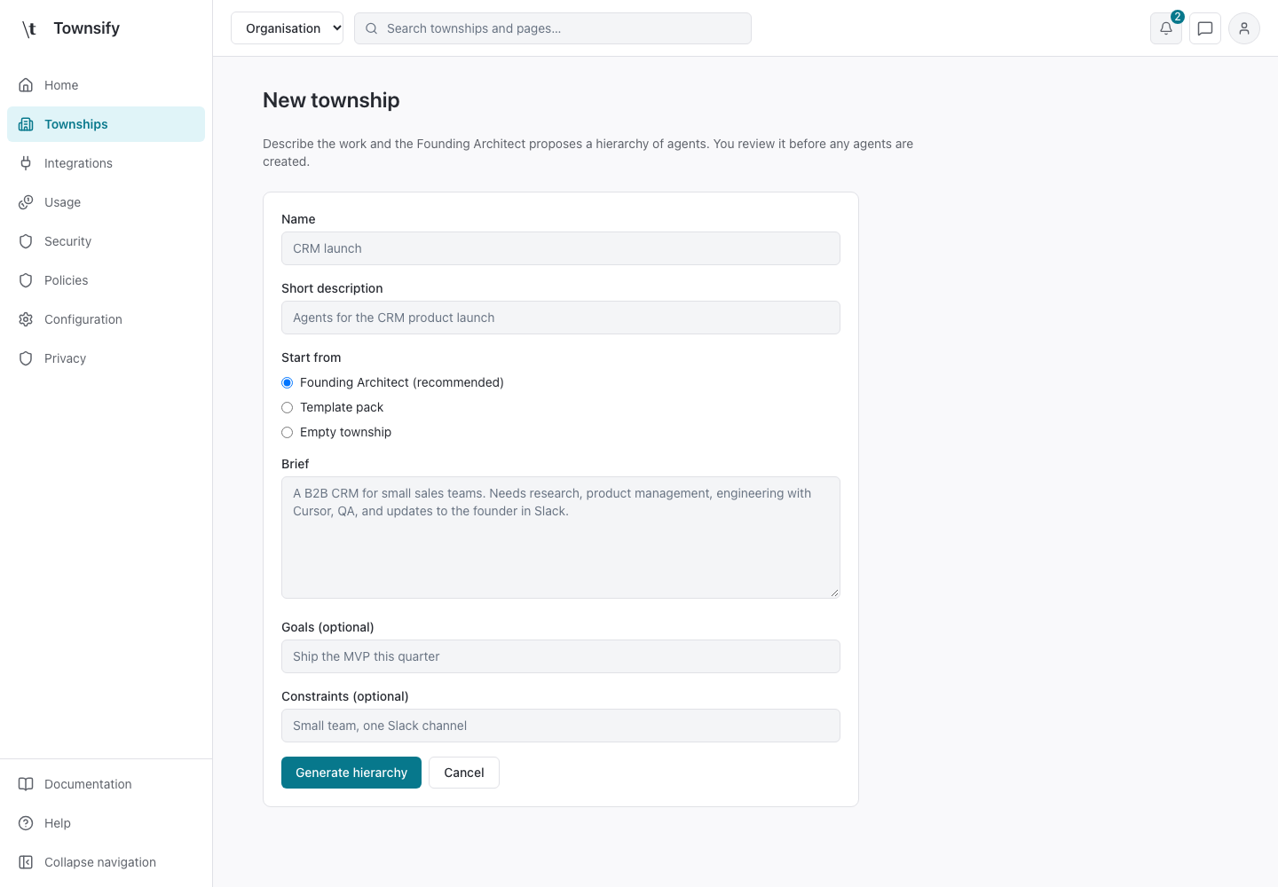 New township in the Townsify console, shown with illustrative data