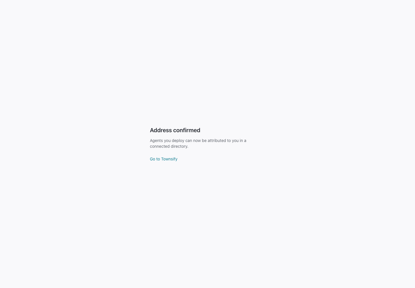 Confirm an email address in the Townsify console, shown with illustrative data